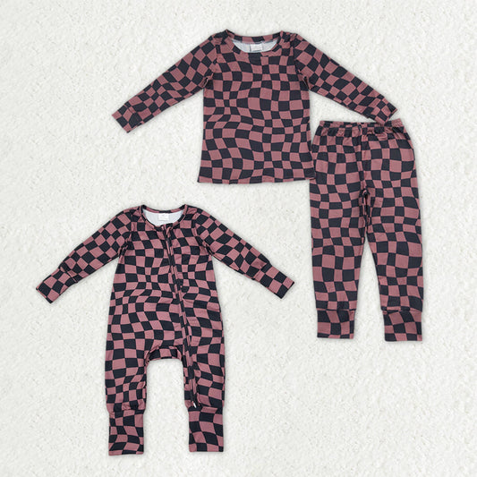 Sibling Baby Boys Warped Checkerboard Print Top Pant Fall Pajamas Set Zip Rompers