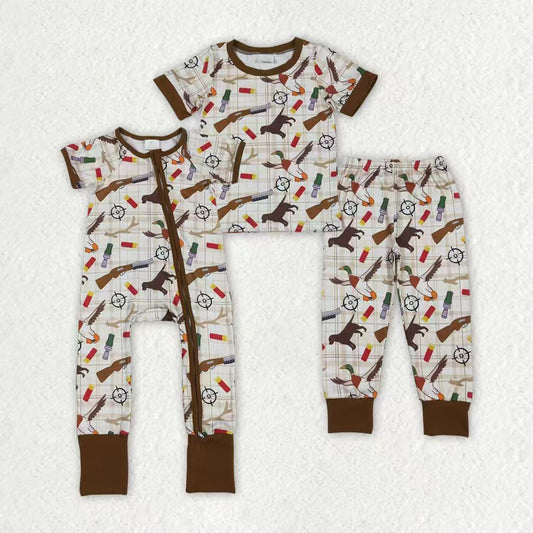 Sibling Baby Boys Dogs Ducks Checked Pants Hunting Pajamas Set Zipper Rompers