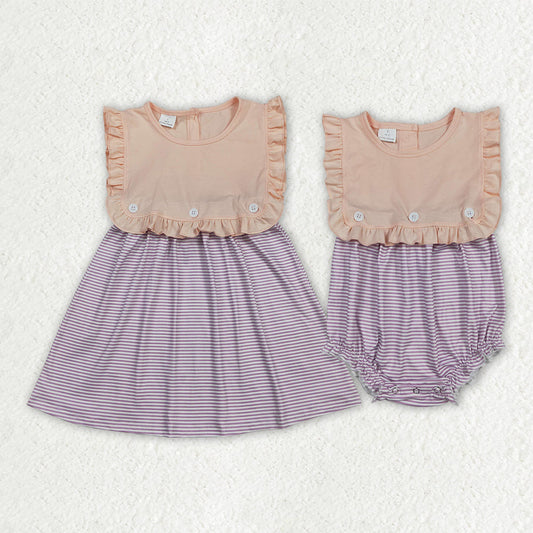 Sibling Baby Girls Sleeveless Purple Stripe 2 Pieces Knee Length Dress Rompers