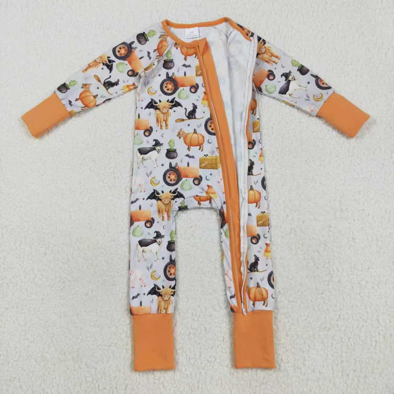 Sibling Baby Boys Pumpkins Bats Halloween Zipper Footie Rompers Pajamas Sets