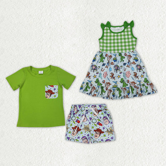 Sibling Baby Boys Girls Cartoon Style Pockets Short Clothes Set Ruffle Knee Length Dresses