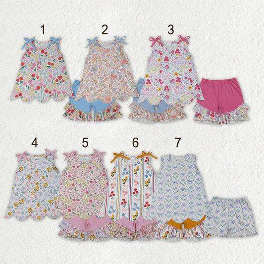 Sibling Baby Girls Colorful Flowers Scallop Tunic Ruffle Short Clothes Sets