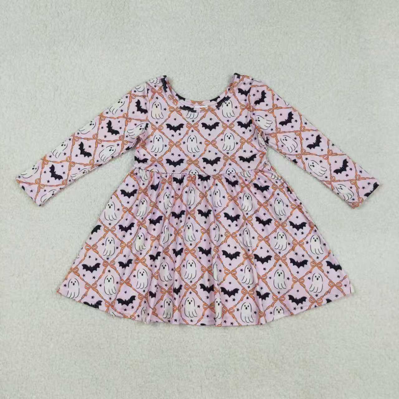 Sibling Baby Girls Ghosts Bats Checked Halloween Pajamas Sets Knee Length Dresses