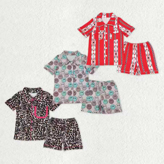 Sibling Adult Women Leopard Aztec Smiles Button Pockets Top Shorts Western Pajamas Set