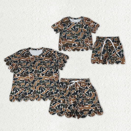 Mama and Me Girls Dark Brown Camo Top Pockets Short Scallop Clothes Sets