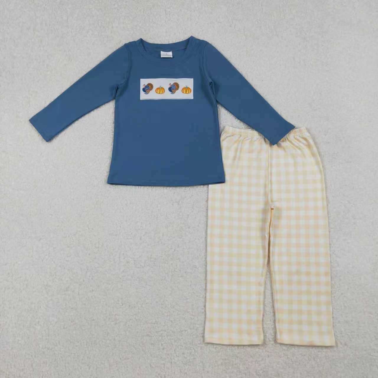 Sibling Embroidery Turkey Pumpkins Baby Boys Girls Thanksgiving Clothes Sets Ruffle Footie Rompers