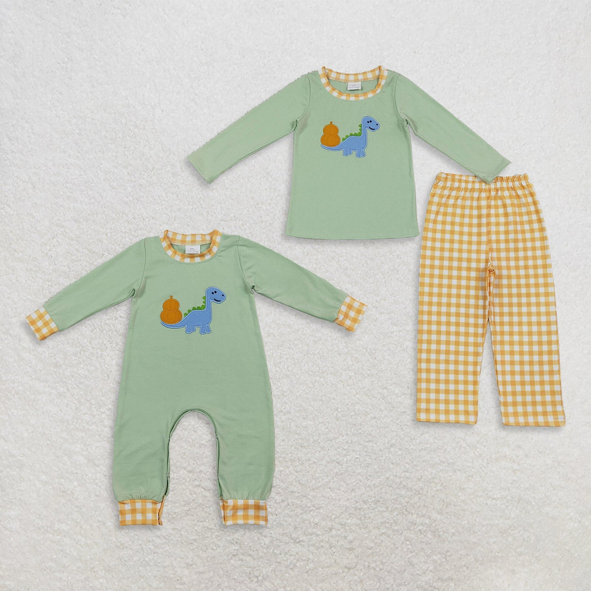 Sibling Baby Boys Embroidery Dinosaur Pumpkins Checked Pant Fall Clothes Set Rompers
