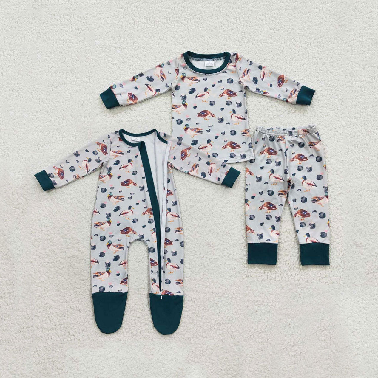 Sibling Baby Boys Ducks Plaid Pajamas Sets Zipper Footed Rompers