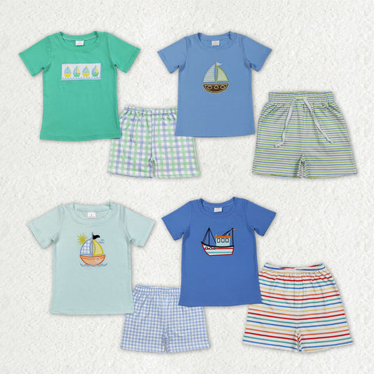 Sibling Baby Boys Short Sleeve Embroidery Boats Top Stripe Checked Shorts Clothes Sets