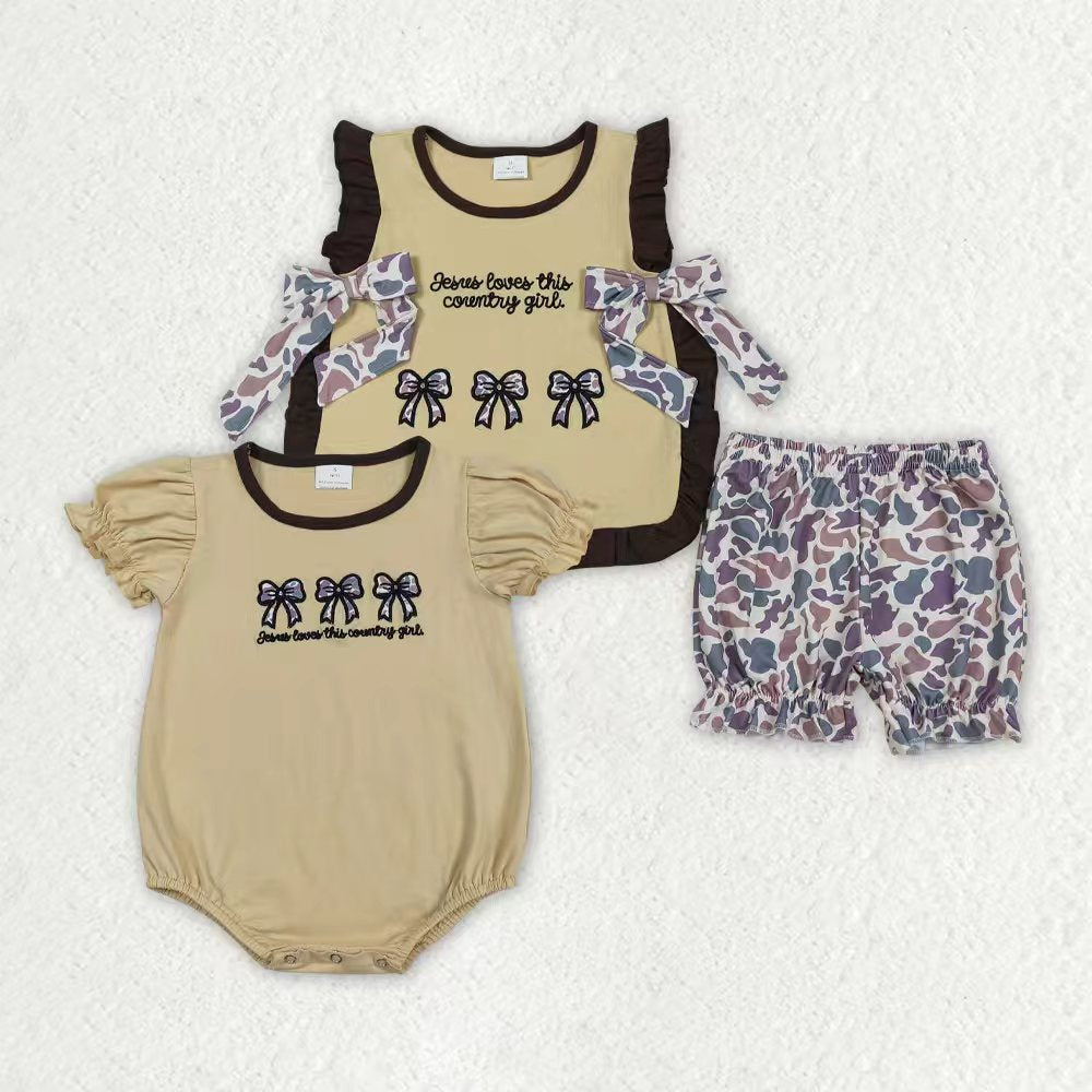 Sibling Baby Girls Embroidery Country Girls Camo Bows Shorts Western Clothes Sets Ruffle Rompers