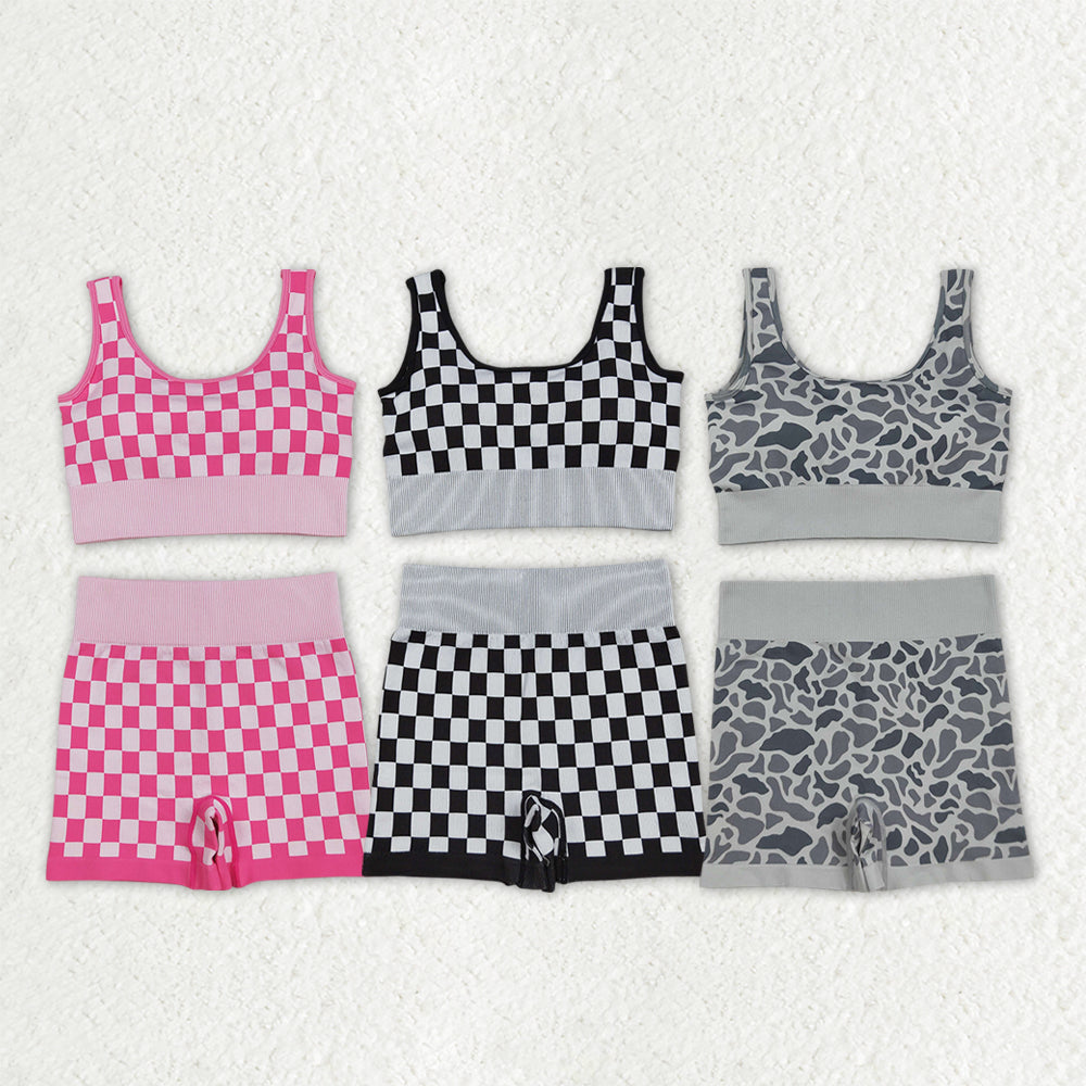Sibling Adult Women Camo Checkered Crop Bra Tops Shorts Outfits Sets