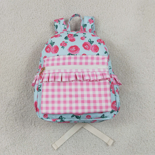 BA0217 Baby Girls Flowers Pink Checked Back to School Backpack Bags
