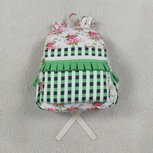 BA0218 Baby Girls Flowers Green Checked Back to School Backpack Bags