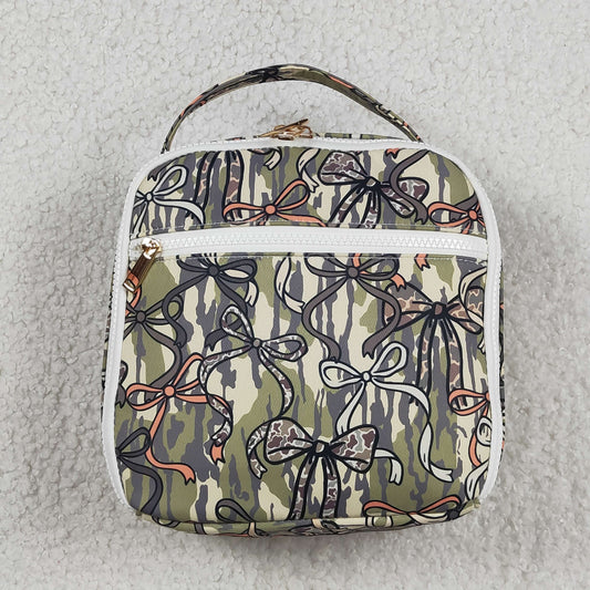 BA0393 Baby Girls Wood Camo Bows School Lunch Bags