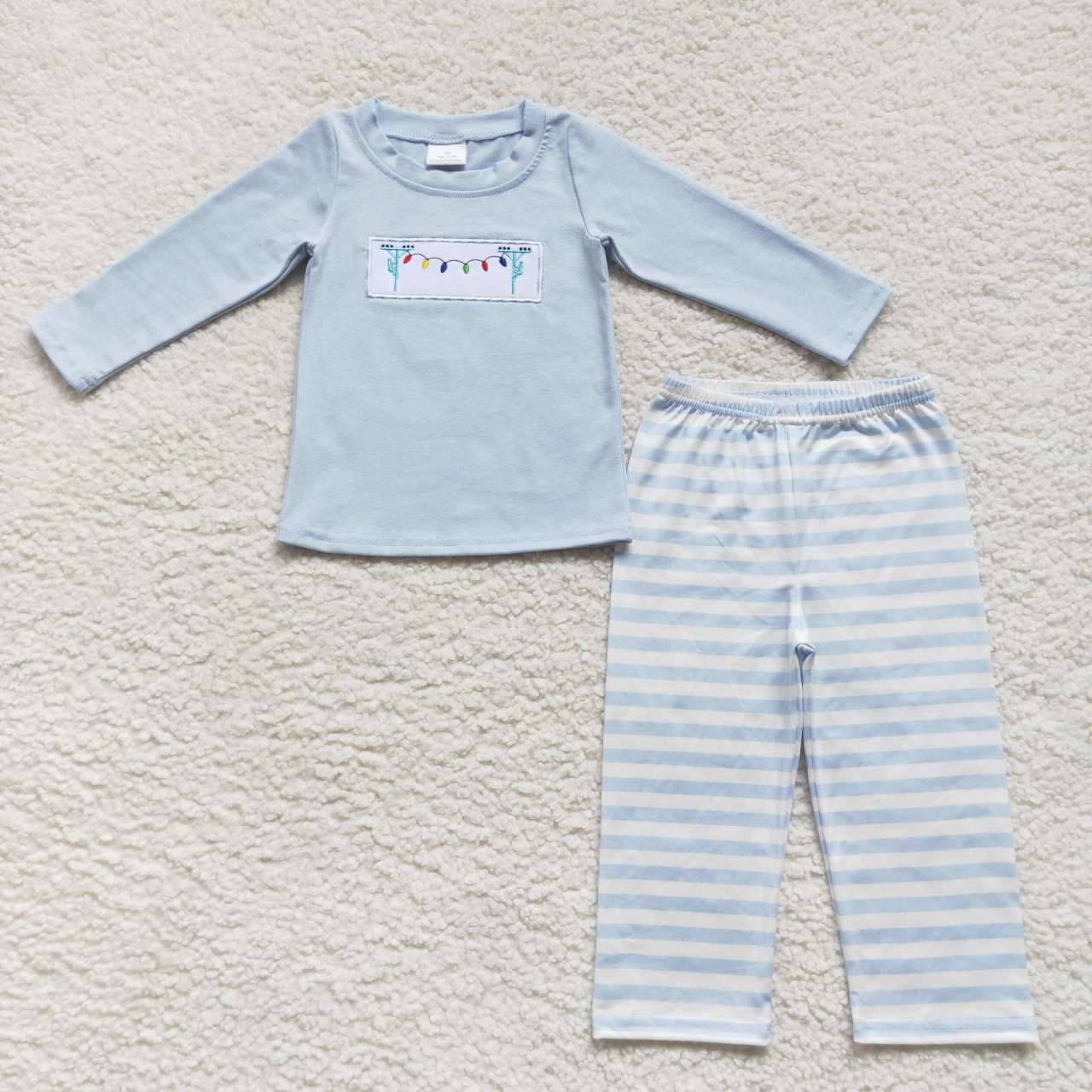 Sibling Embroidery Lights Baby Kids Long Sleeves Pants Christmas Pajamas Sets