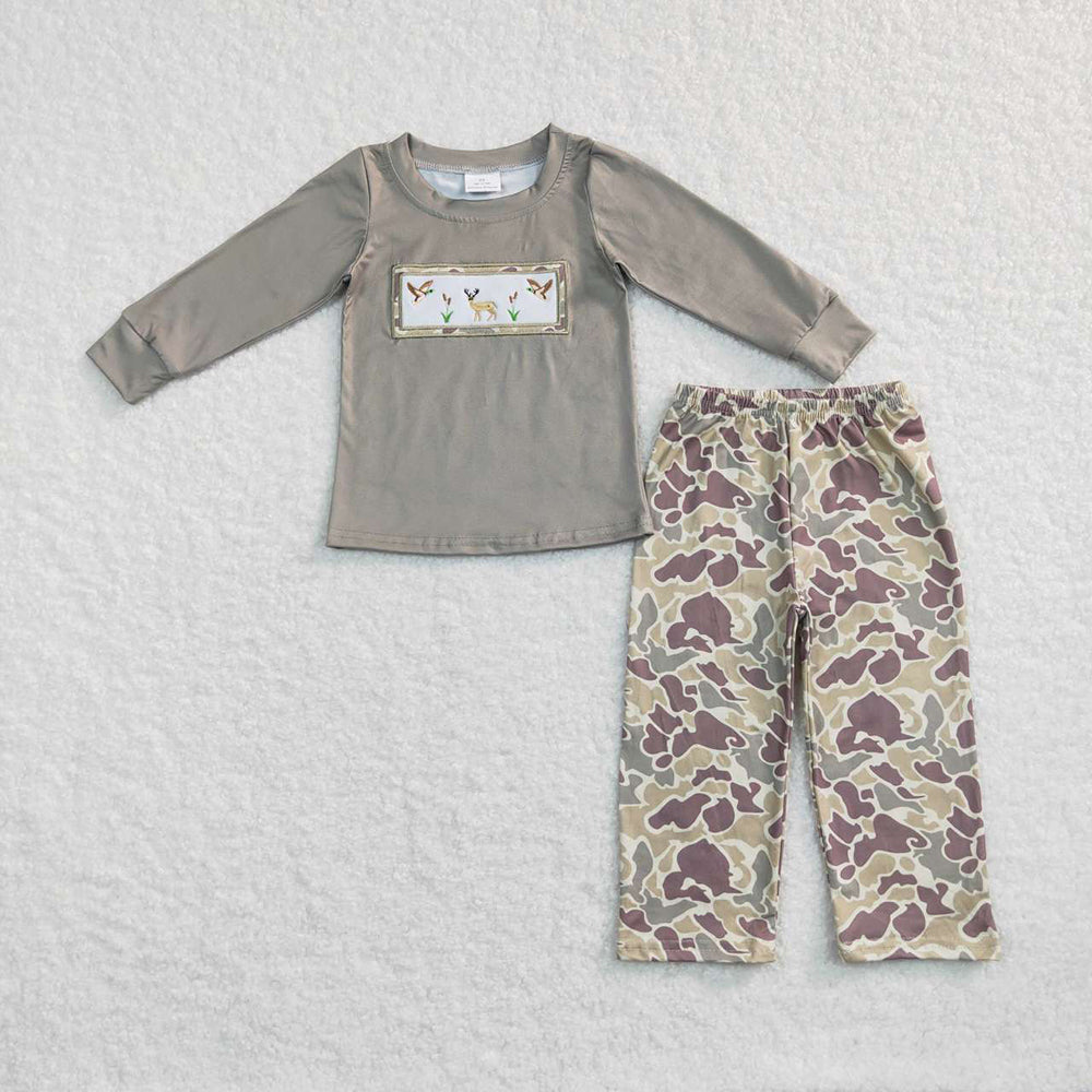 Sibling Baby Boys Long Sleeve Embroidery Dogs Ducks Fishing Pants Hunting Clothes Sets