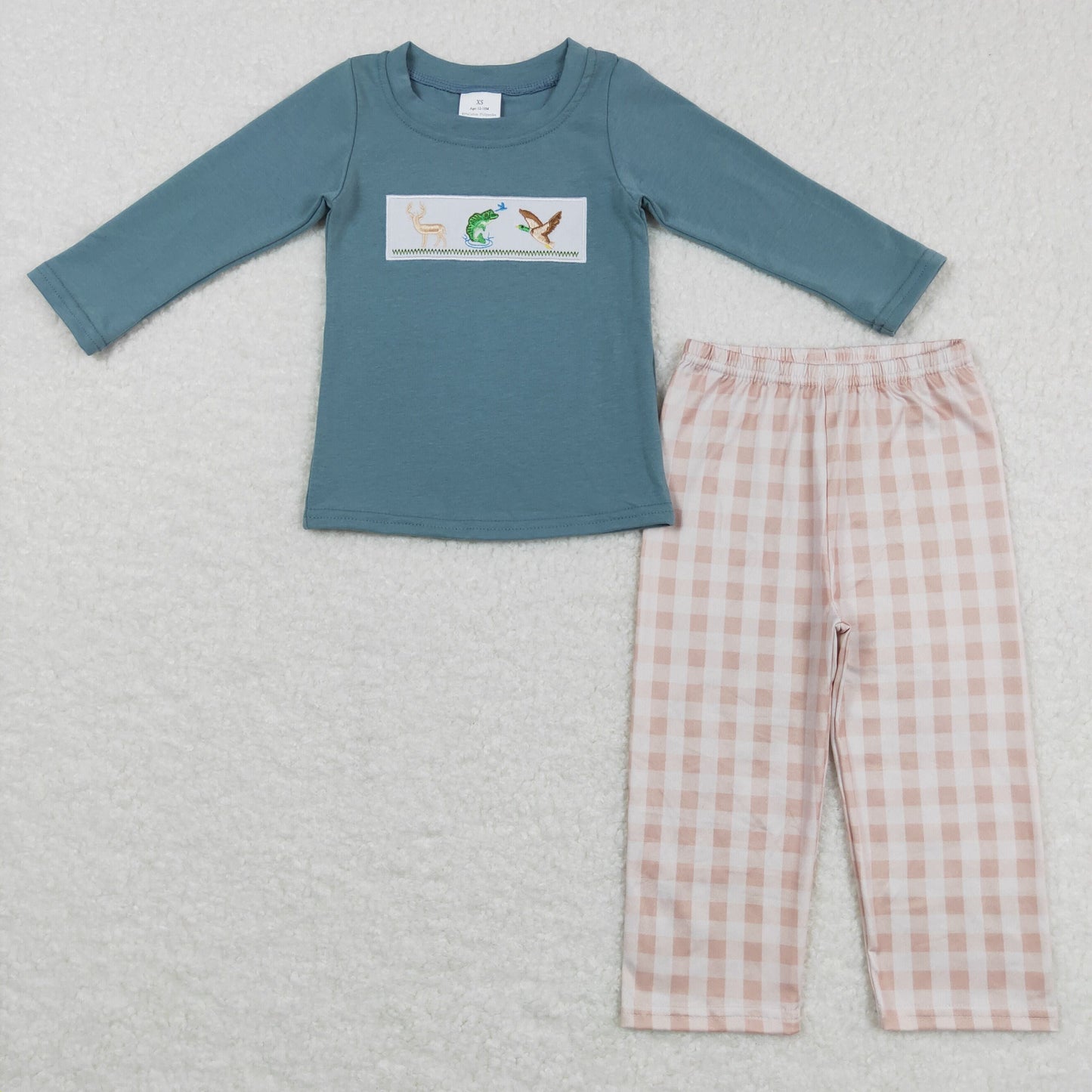 Sibling Baby Boys Embroidery Deer Fish Ducks Top Checked Pants Hunting Clothes Sets Pant Rompers
