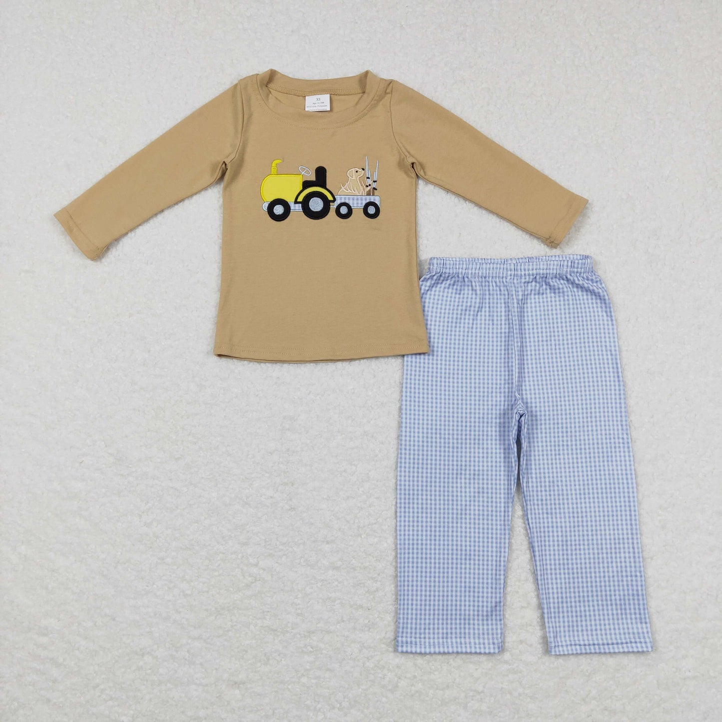 Sibling Embroidery Truck Dogs Baby Boys Khaki Shirt Pants Hunting Clothes Sets Footie Rompers