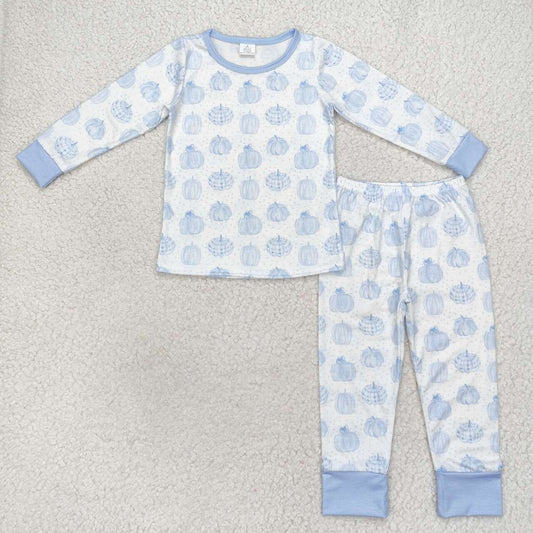 BLP0469 Bamboo Baby Boys Light Blue Pumpkins Plaid Top Pants Fall Pajamas Sets