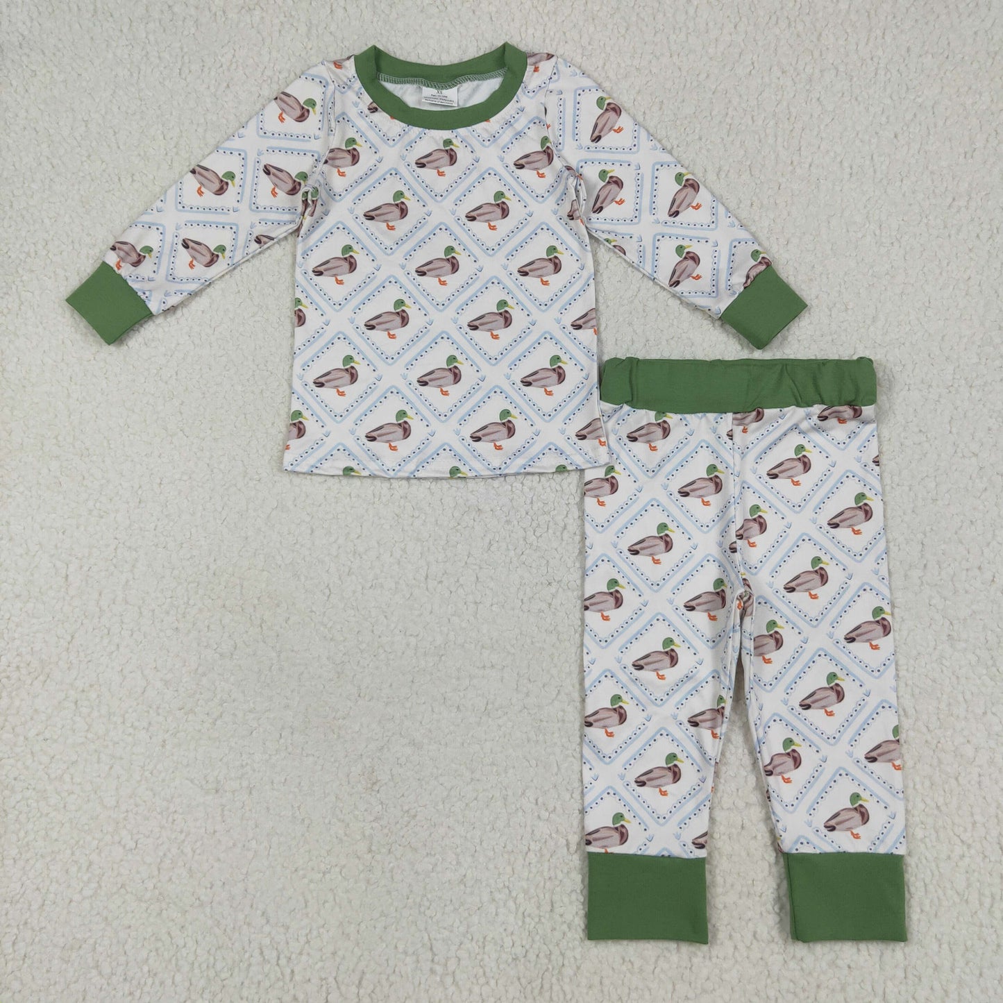 Sibling Boys Green Ducks Checked Pajamas Clothes Sets Zipper Rompers Blankets