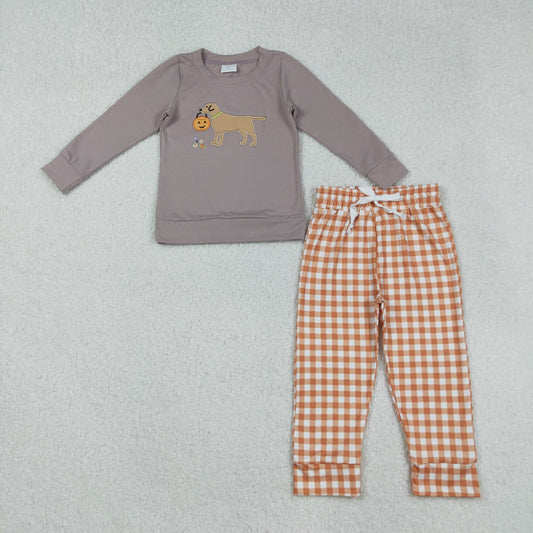 BLP1098 Baby Boys Embroidery Dog Ghost Pumpkin Top Checked Pants Halloween Clothes Sets