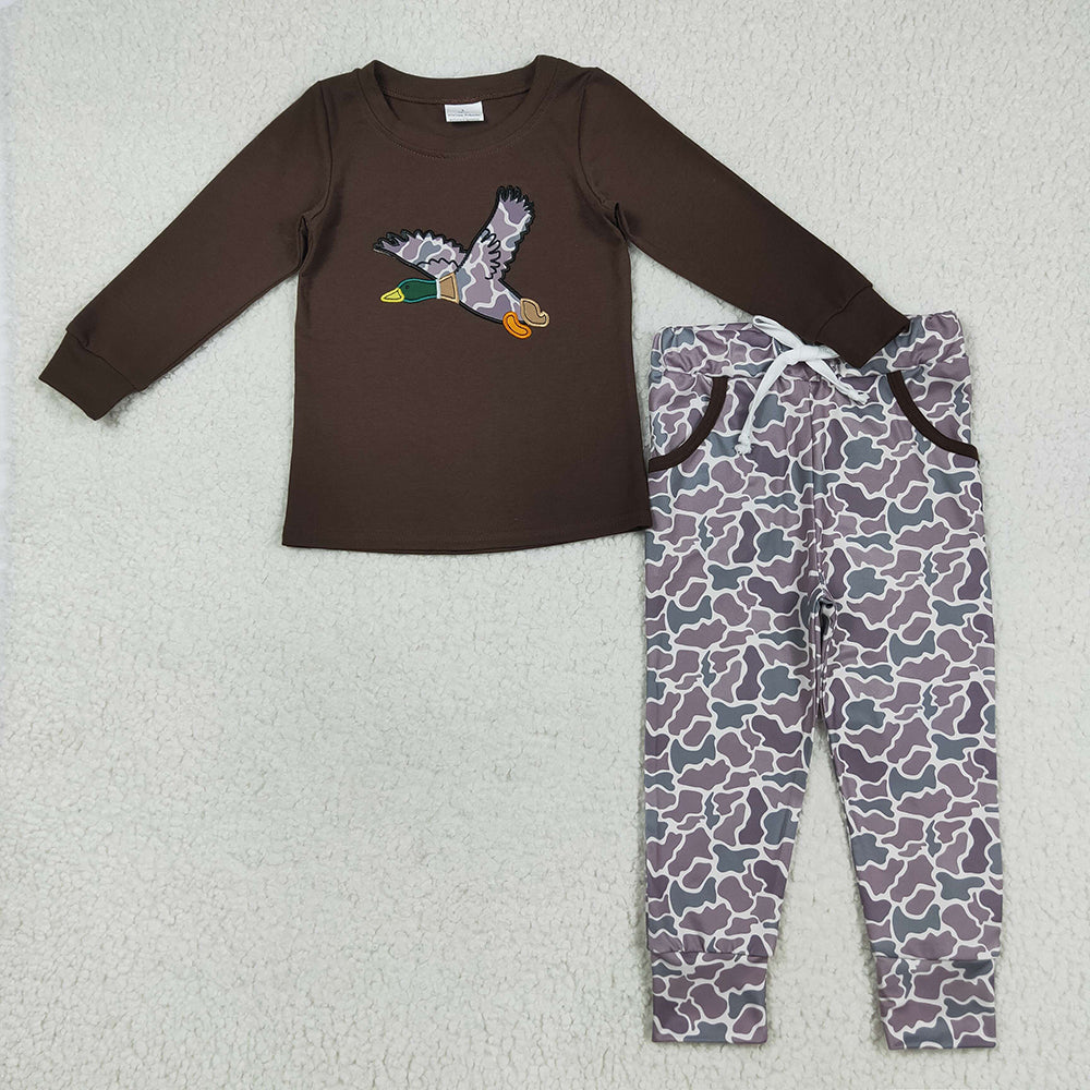 Sibling Embroidery Baby Boys Brown Duck Top Camo Rompers Outfits Sets