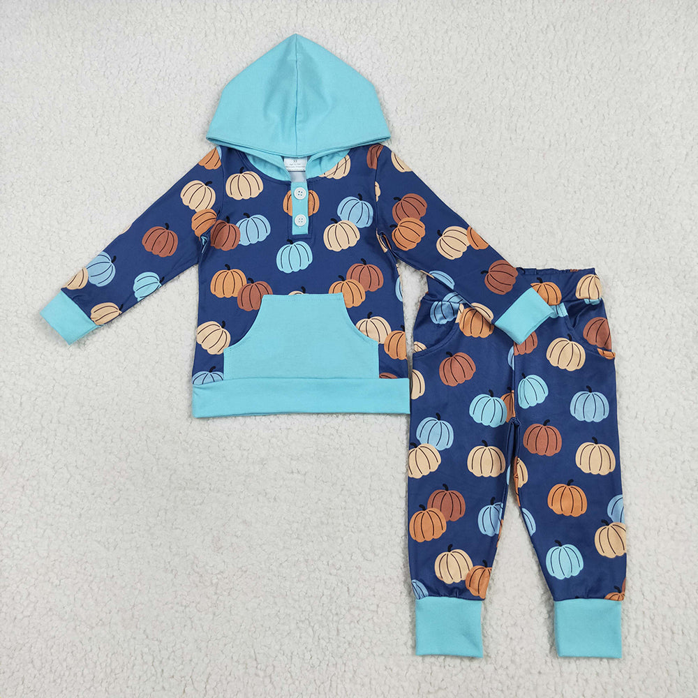Sibling Baby Boys Blue Pumpkins Fall Outfits Pajamas Rompers Sets