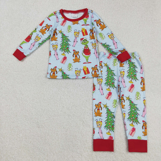 BLP1189 Baby Boys Green Face Miss Trees Top Pants Christmas Pajamas Sets