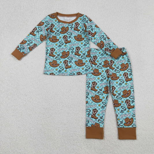 BLP1207 Baby Girls Aqua Checked Boots Hats Top Pants Western Pajamas Sets