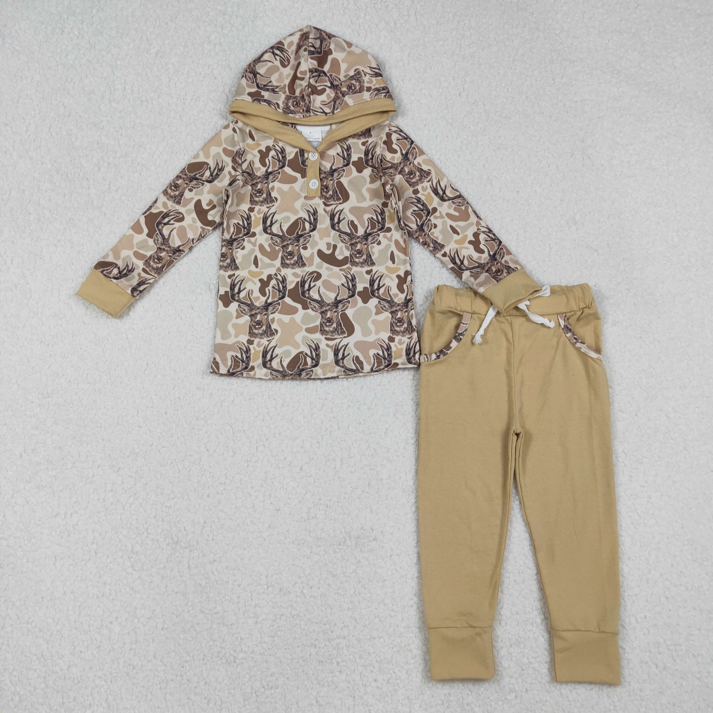 Sibling Baby Boys Khaki Camo Deer Hoodies Pockets Leggings Hunting Clothes Set Footie Rompers