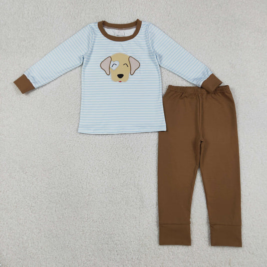 BLP1283 Baby Boys Blue Stripe Embroidery Dogs Top Leggings Clothes Sets