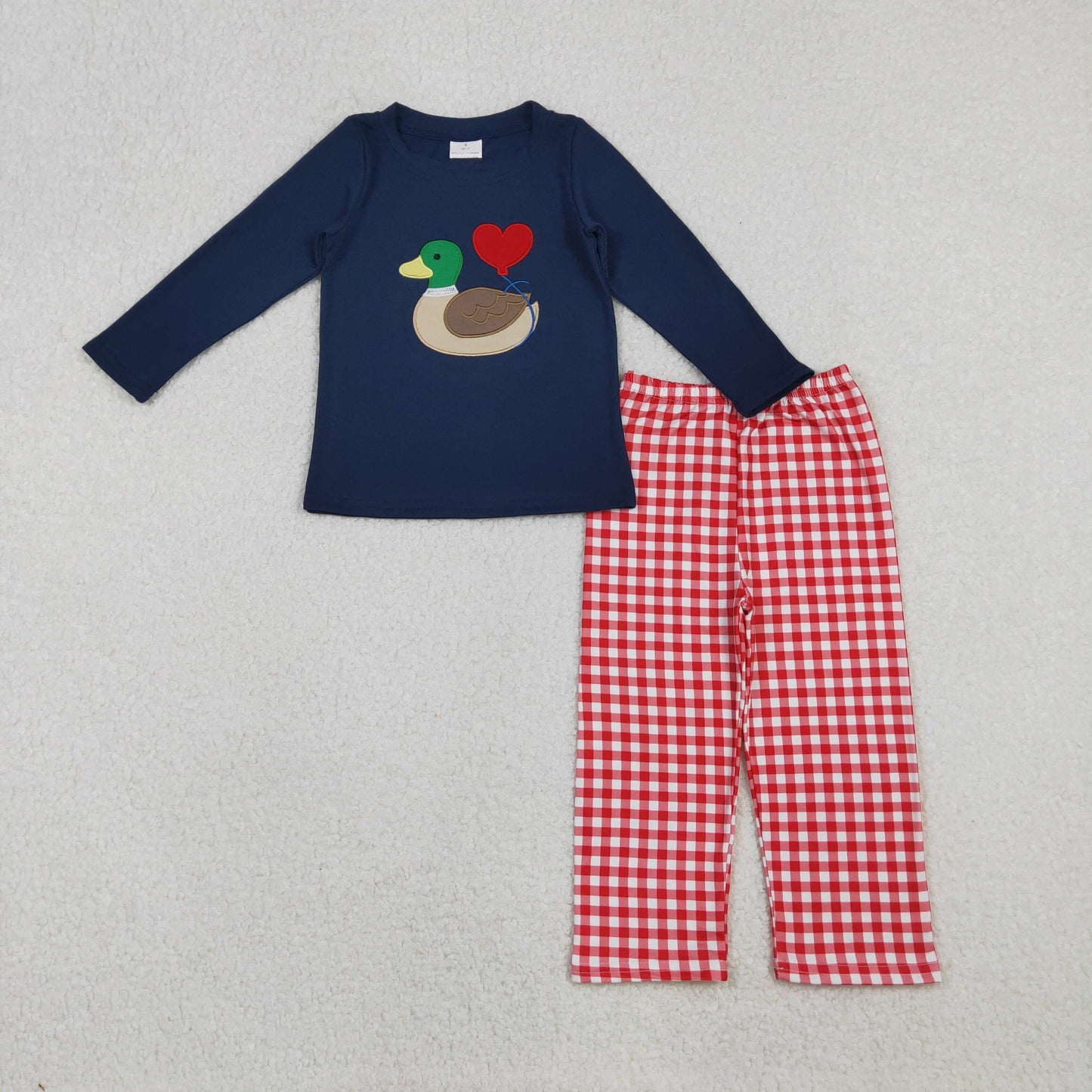 BLP1304 Baby Boys Embroidery Duck Hearts Top Red Checked Pants Valentine Clothes Sets