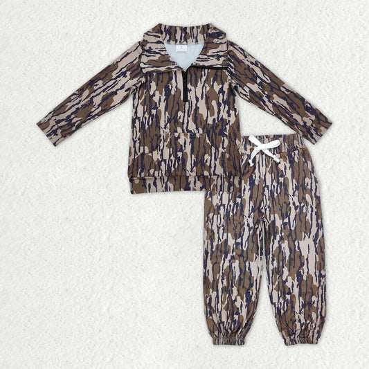 BLP1317 Baby Boys Olive Camo Pockets Zipper Pullover Top Jogger Pants Southern Clothes Sets