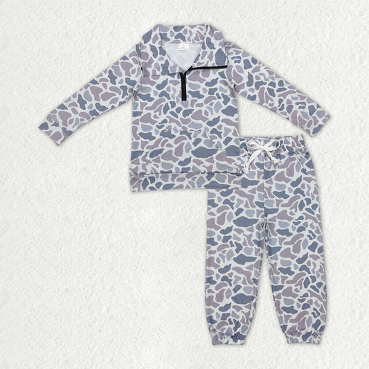BLP1319 Baby Boys Light Grey Camo Pockets Zipper Pullover Top Jogger Pants Southern Clothes Sets