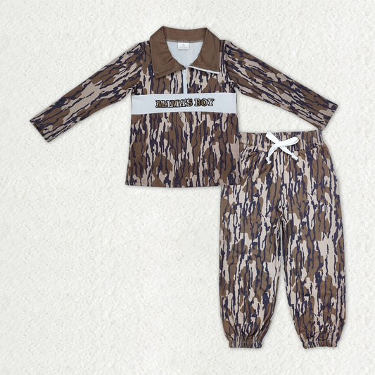 BLP1322 Baby Boys Olive Camo Embroidery Mama's Boy Zipper Pullover Pockets Jogger Clothes Sets