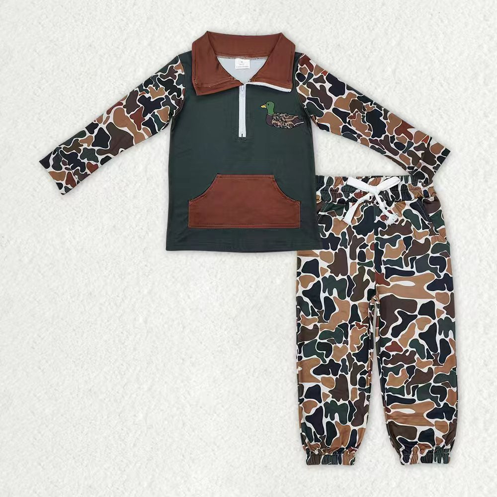 Sibling Baby Boys Camo Embroidery Mama's Boy Ducks Dogs Zipper Pullover Pockets Jogger Hunting Clothes Set