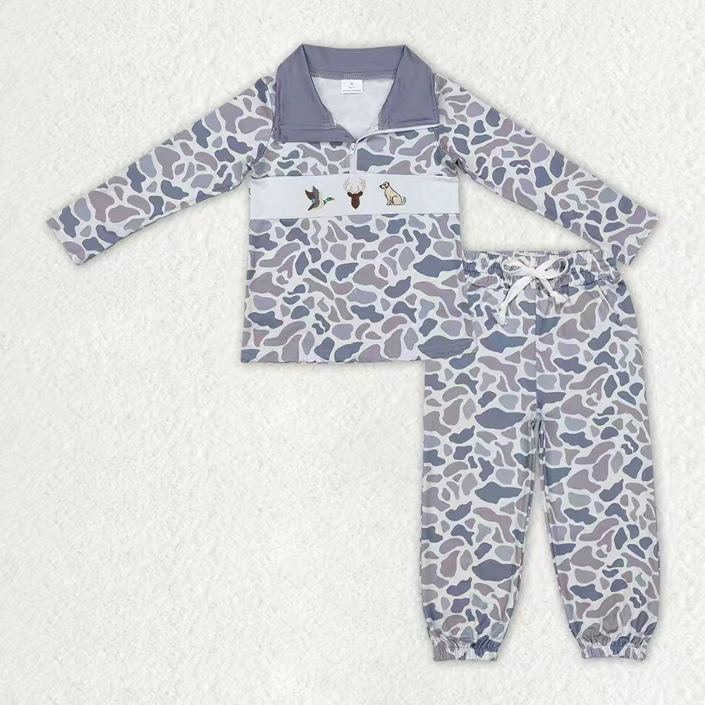 Sibling Baby Boys Camo Embroidery Mama's Boy Ducks Dogs Zipper Pullover Pockets Jogger Hunting Clothes Set