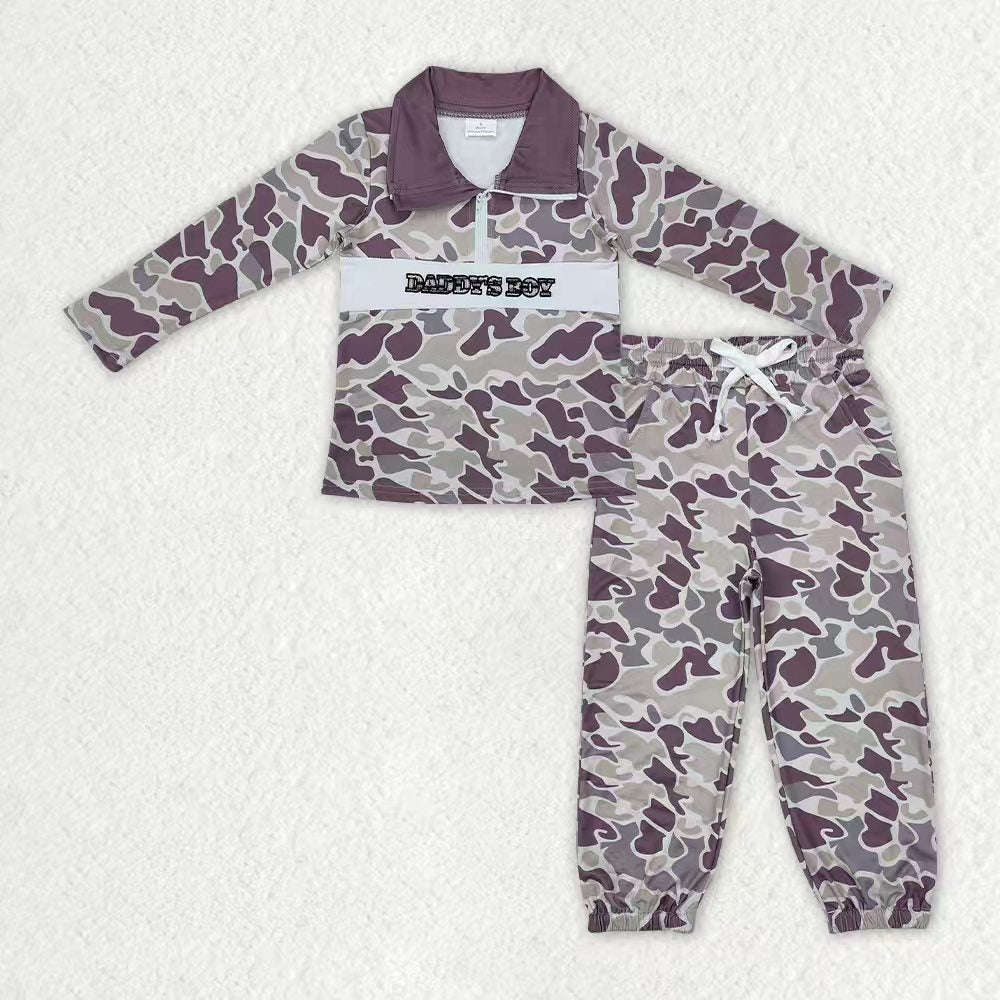 Sibling Baby Boys Camo Embroidery Mama's Boy Ducks Dogs Zipper Pullover Pockets Jogger Hunting Clothes Set