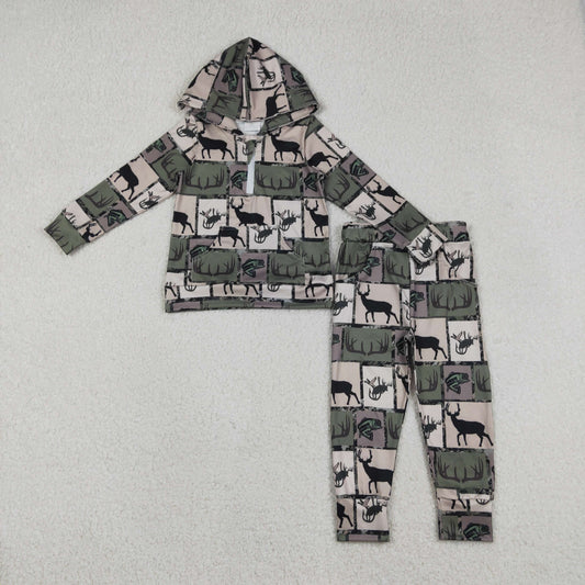 BLP1368 Baby Boys Deer Fishes Zip Pockets Hoodies Jogger Pants Hunting Clothes Sets