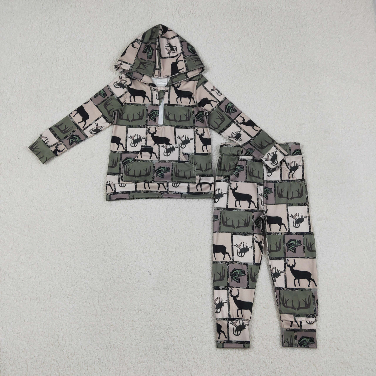 Sibling Baby Boys Camo Deer Fishing Zip Pockets Hoodie Joggers Hunting Clothes Set