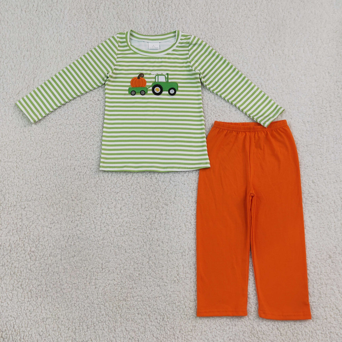 BLP1441 Baby Boys Embroidery Pumpkin Truck Green Stripe Top Pant Fall Clothes Set