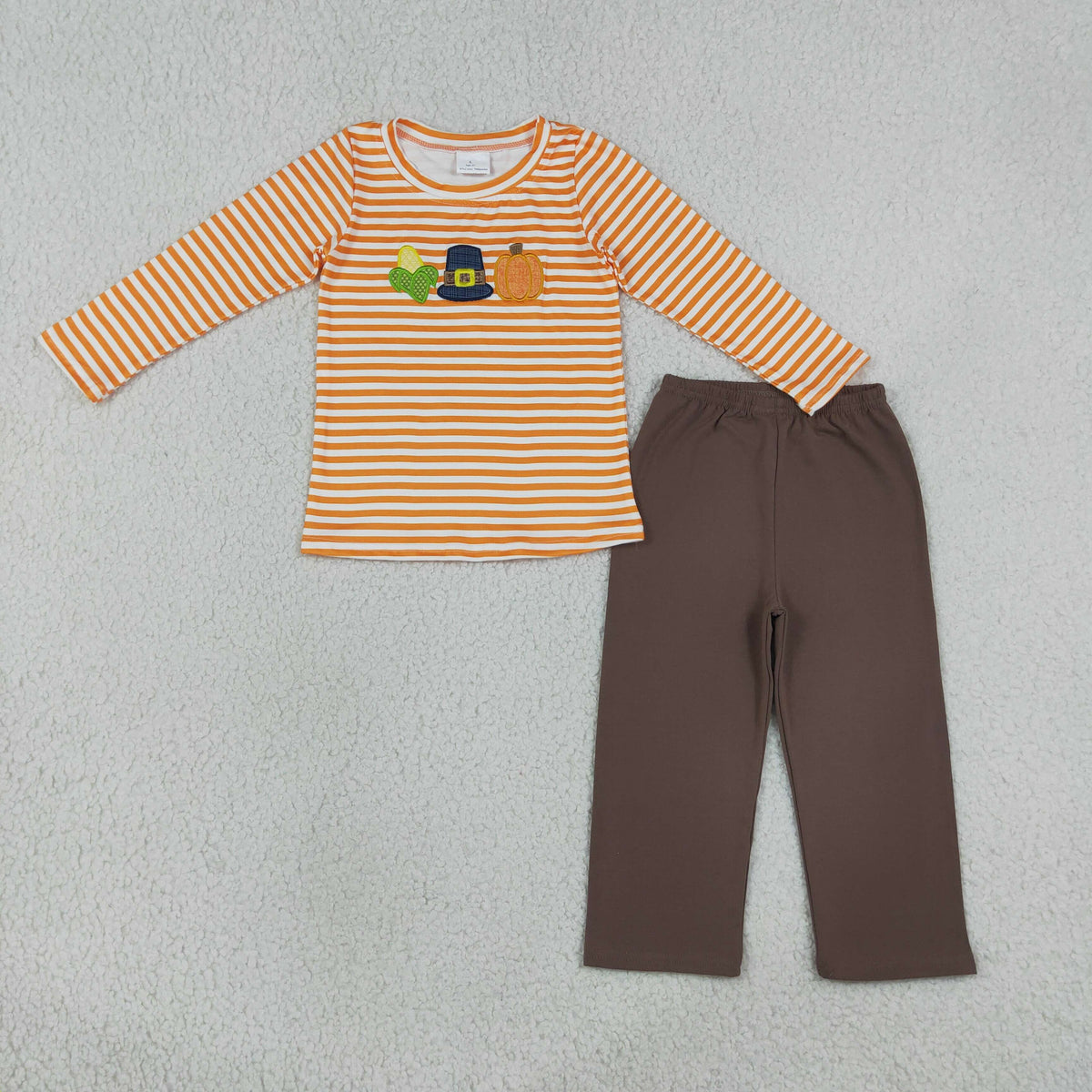 BLP1442 Baby Boys Embroidery Pumpkin Corns Orange Stripe Top Pant Fall Thanksgivings Set