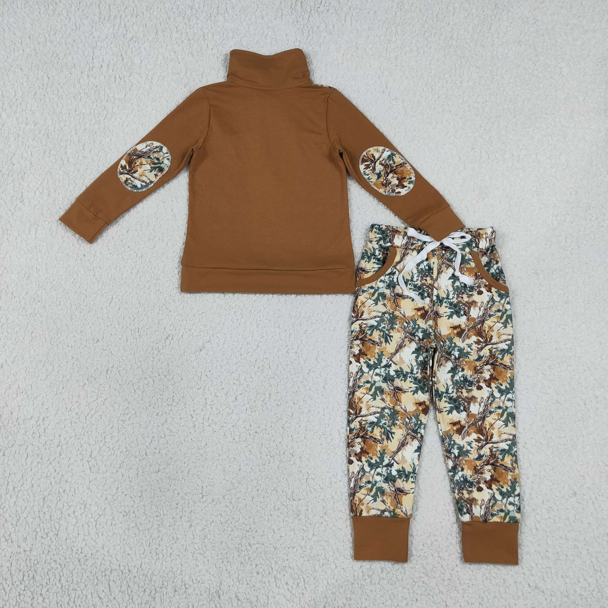 BLP1447 Baby Boys Brown Zip Pullovers Leaves Camo Pockets Joggers Clothes Sets