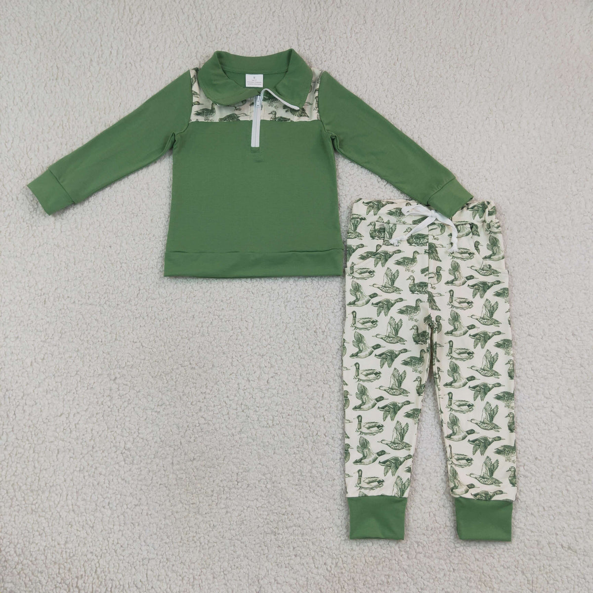 BLP1449 Baby Boys Green Ducks Zip Pullovers Pockets Joggers Hunting Clothes Sets