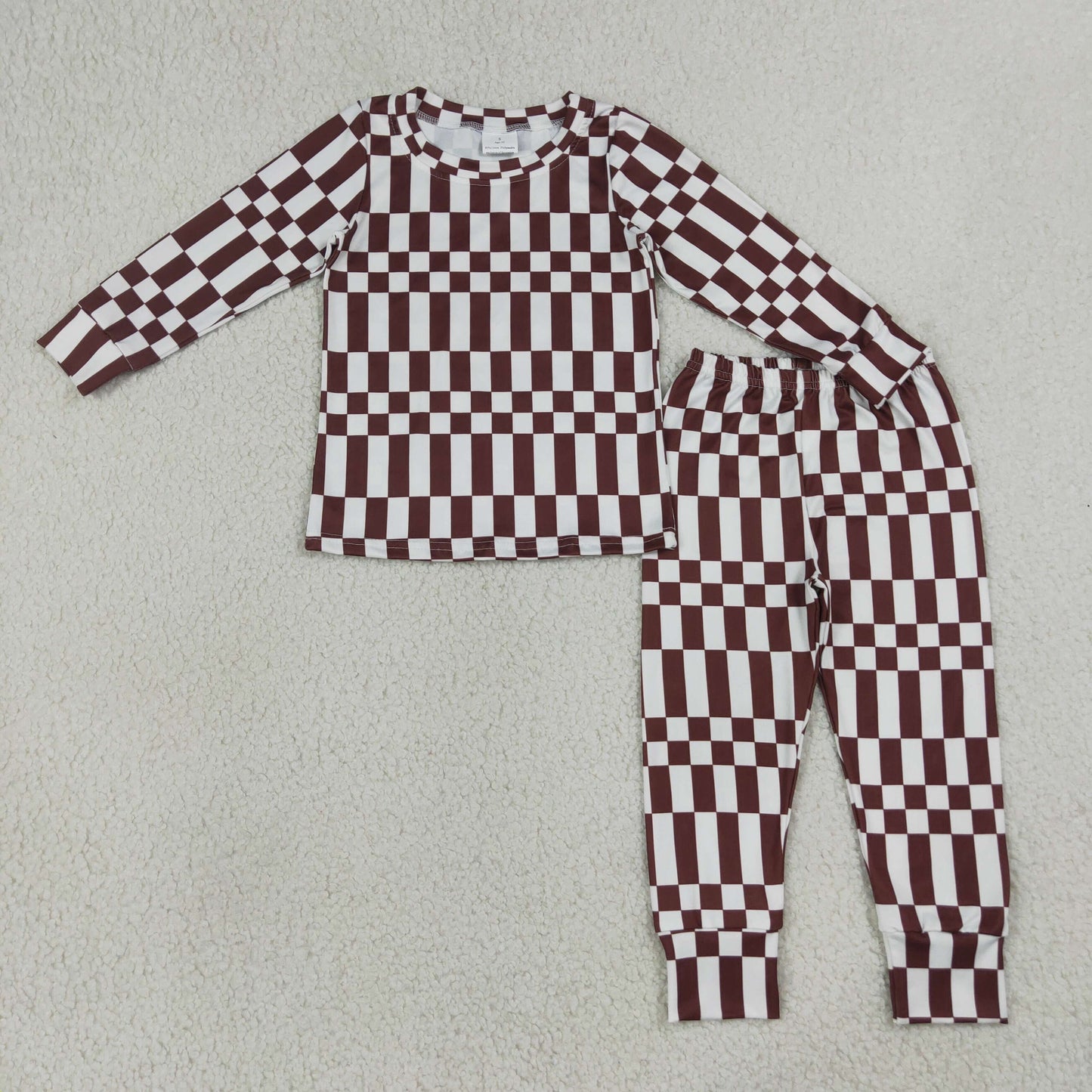 Sibling Baby Boys Long Sleeves Brown Checked Top Pant Fall Pajamas Set Zip Rompers