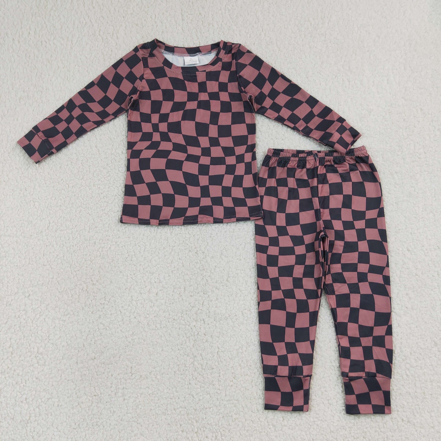 Sibling Baby Boys Warped Checkerboard Print Top Pant Fall Pajamas Set Zip Rompers