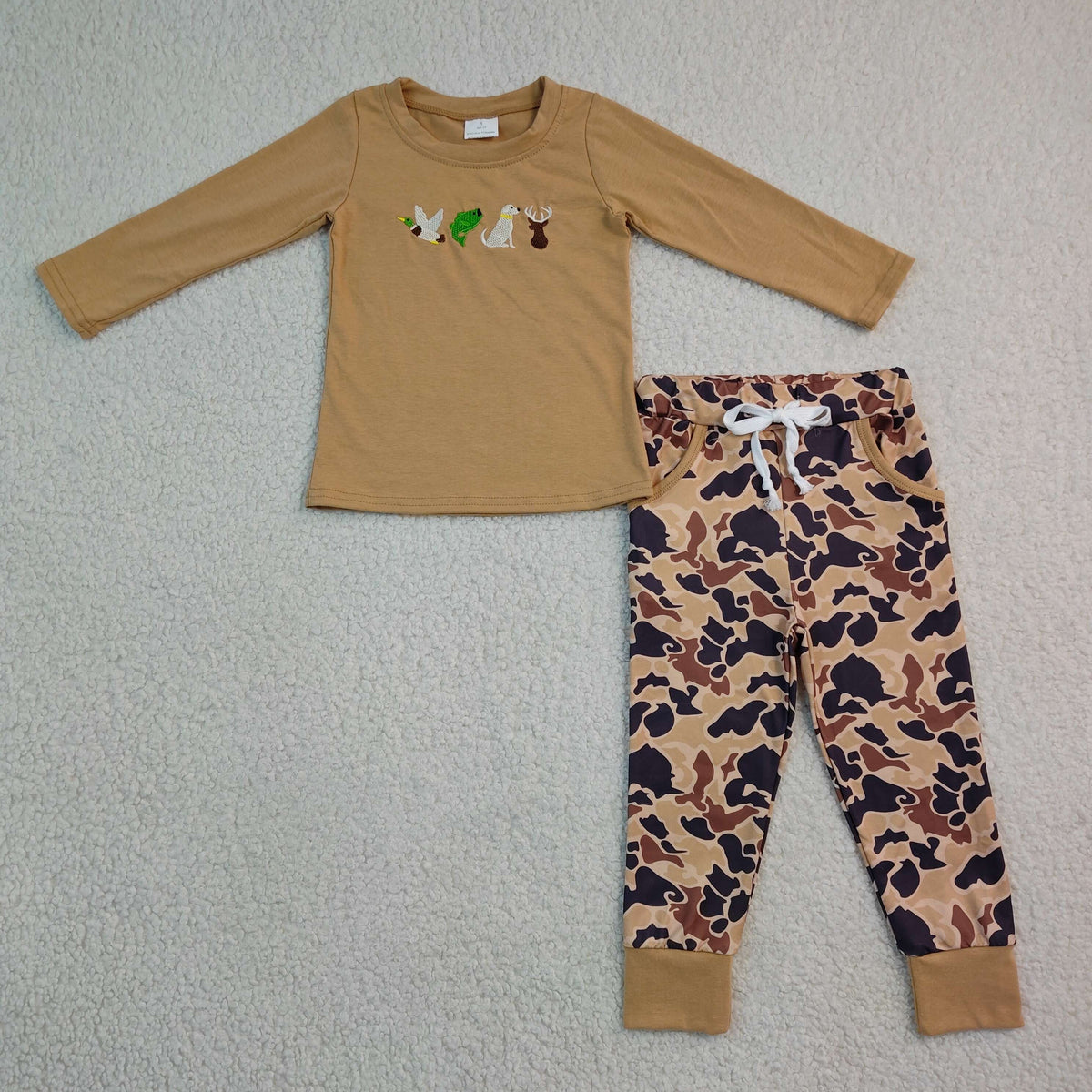 BLP1493 Baby Boys Embroidery Dogs Ducks Top Camo Pockets Joggers Hunting Clothes Set