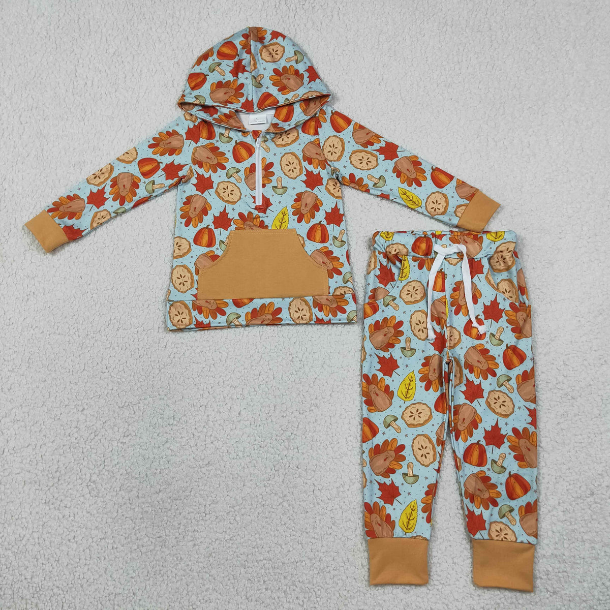 BLP1505 Baby Boys Turkey Pumpkins Zip Pockets Hoodie Top Joggers Thanksgivings Sets