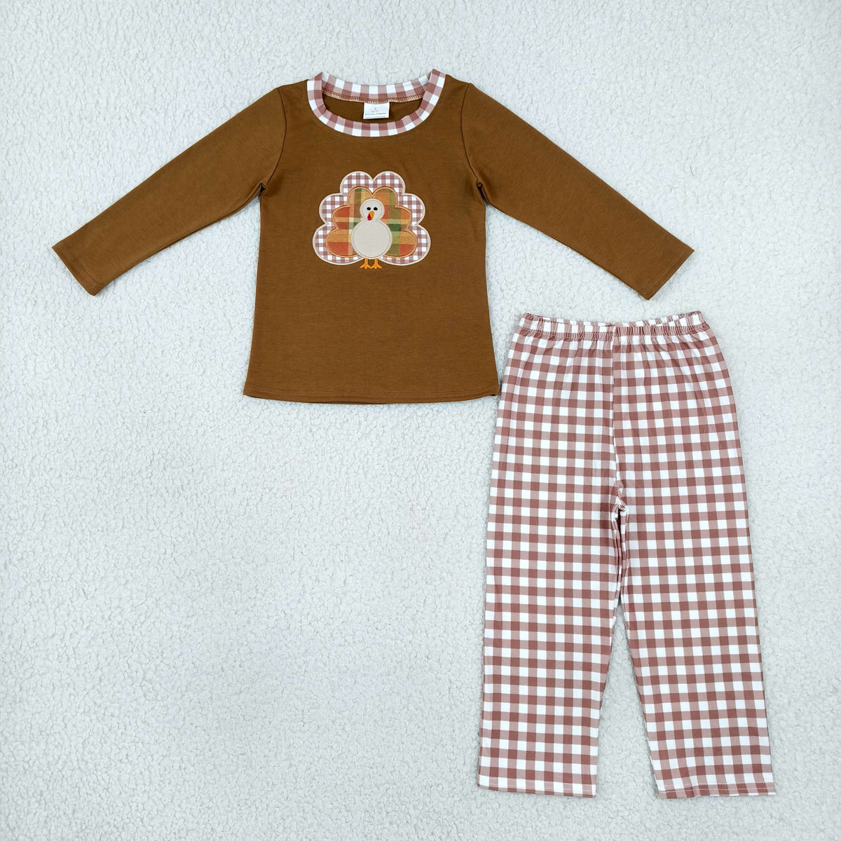 BLP1516 Baby Boys Embroidery Turkey Top Checked Pant Thanksgivings Clothes Set