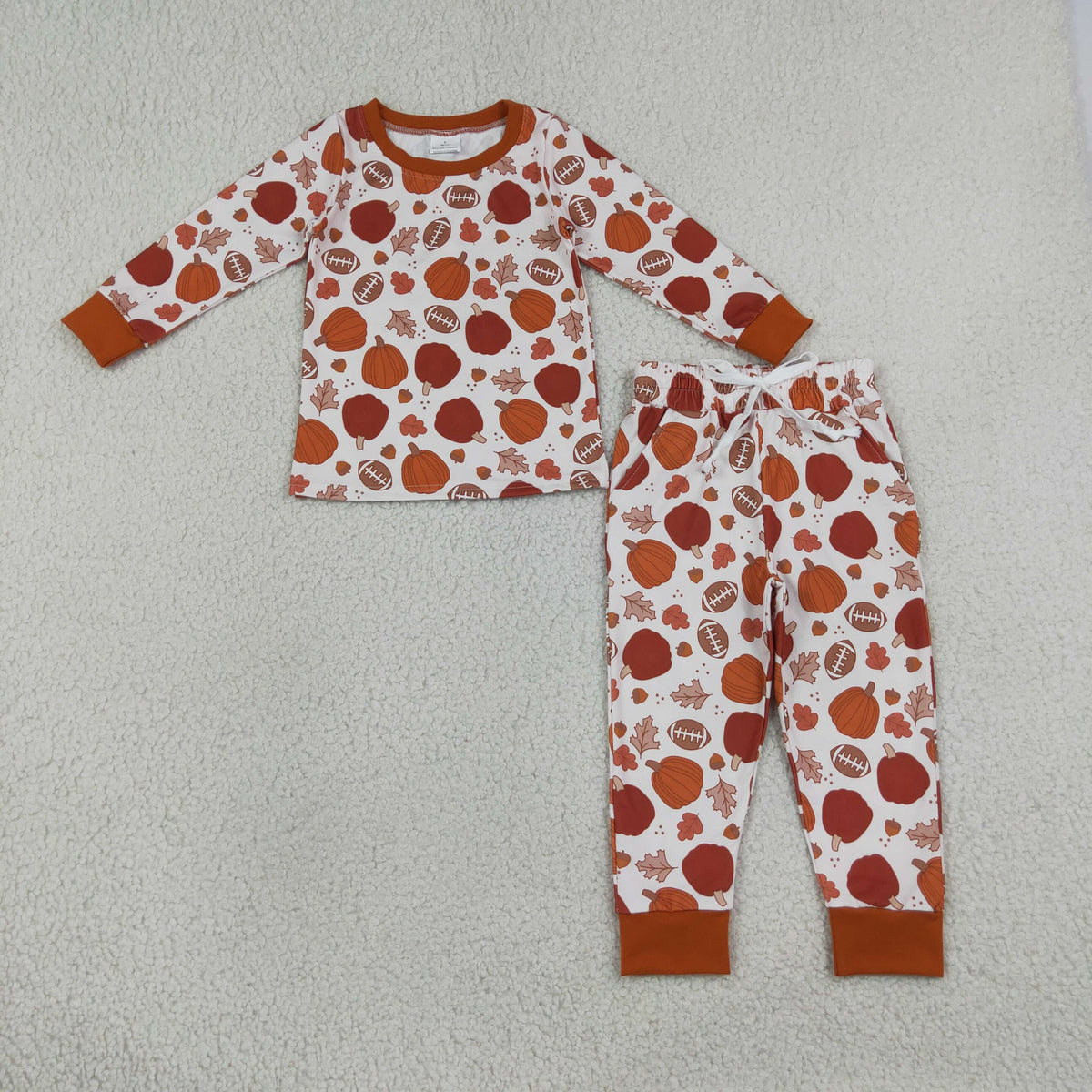 BLP1539 Baby Boys Footballs Pumpkins Top Pockets Joggers Fall Team Clothes Set